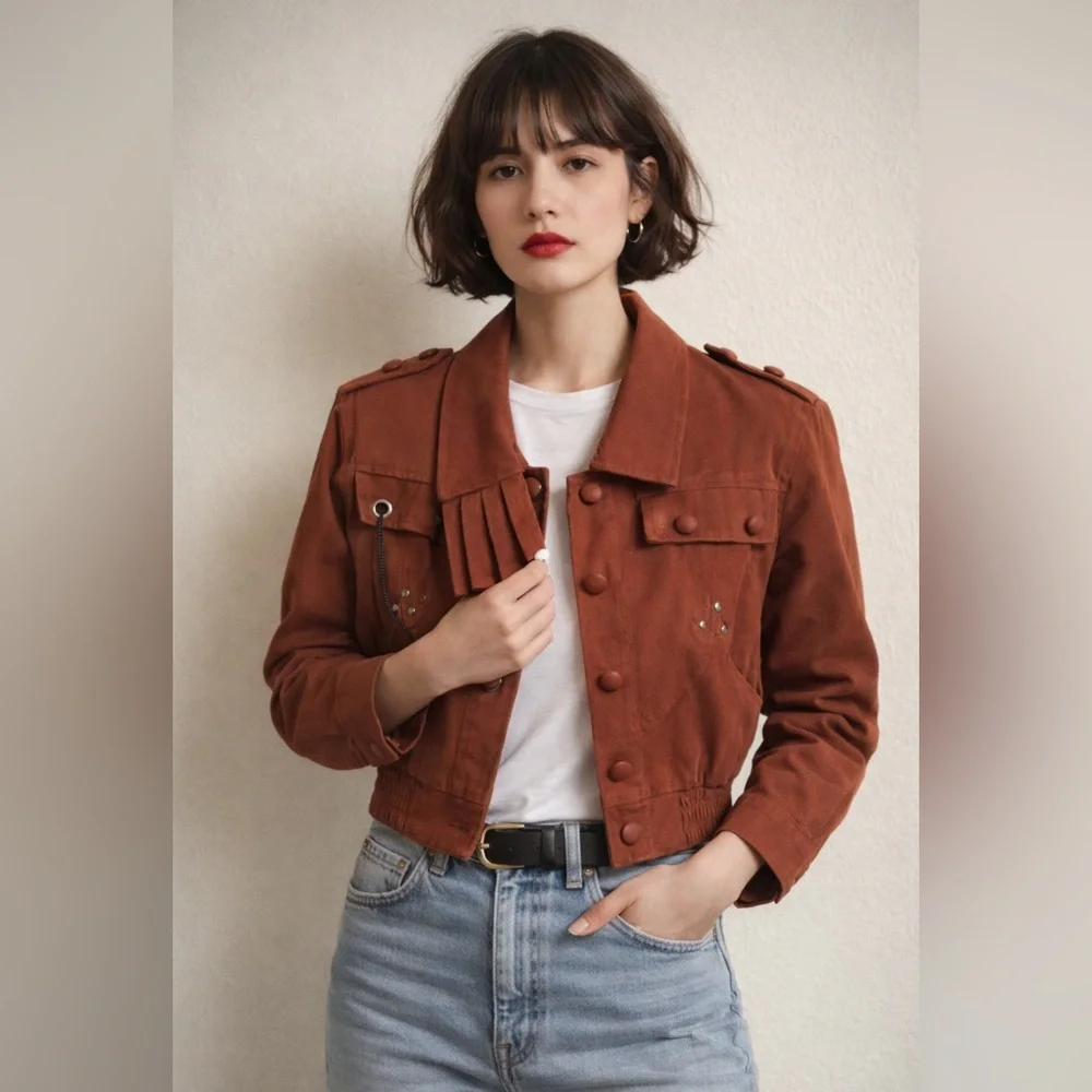 VINTAGE 80s Burnt Sienna Faux Suede Cropped Western Moto Jacket Size M - Picture 1 of 8